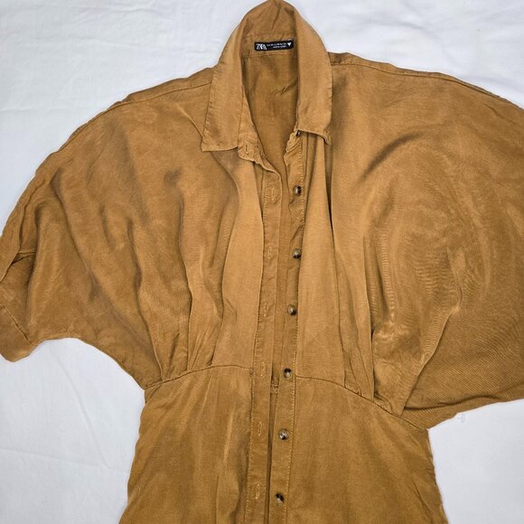Zara pleated midi shirt dress midi toffee button down dress XS - Picture 9 of 12